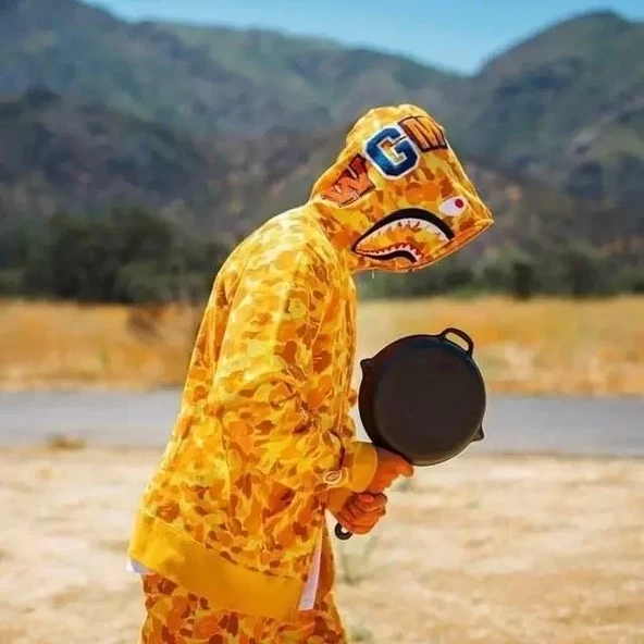 Unisex Bape Kapüşonu Fermuarlı Hırka - Sarı - 3