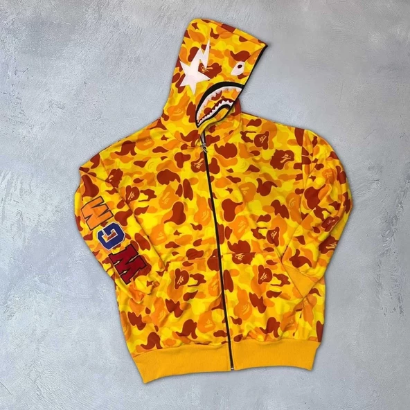 Unisex Bape Kapüşonu Fermuarlı Hırka - Sarı