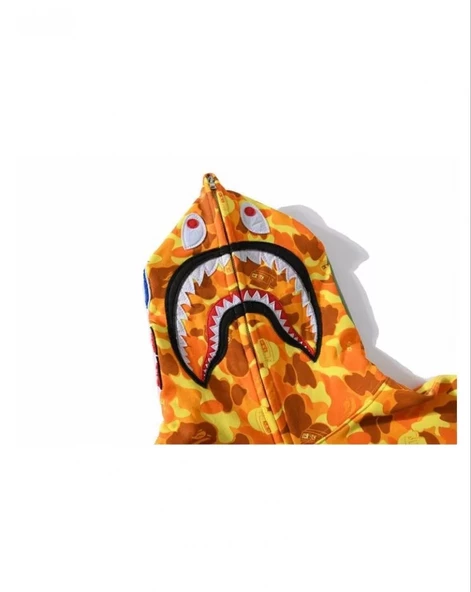 Unisex Bape Kapüşonu Fermuarlı Hırka - Sarı - 6