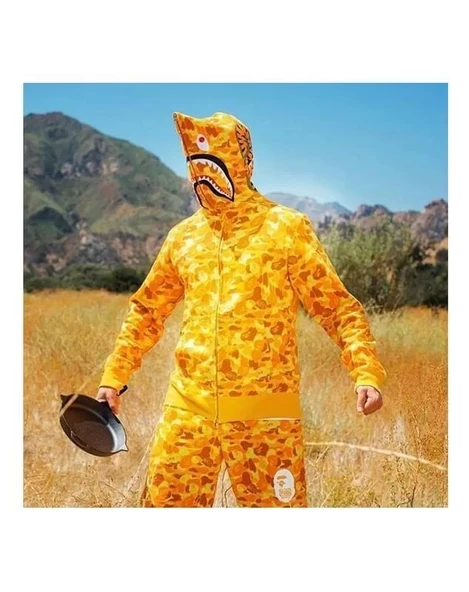 Unisex Bape Kapüşonu Fermuarlı Hırka - Sarı - 2