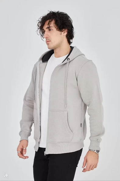 Unisex Tam Fermuarlı Kapşonlu  SweatShirt - Boyalı Gri - 4