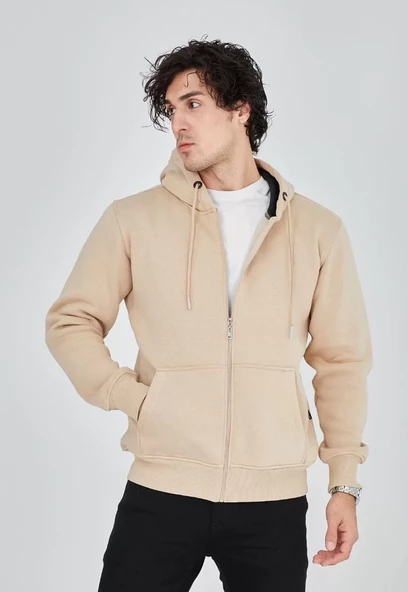 Unisex Tam Fermuarlı Kapşonlu  SweatShirt - Bej - 5