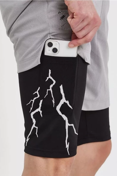 Unisex Baskılı İç Cepli Sporcu Alt Taytlı Şort - Gri - 3