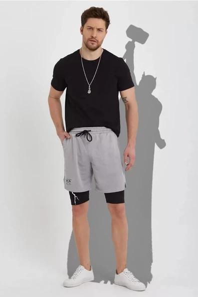 Unisex Baskılı İç Cepli Sporcu Alt Taytlı Şort - Gri - 2