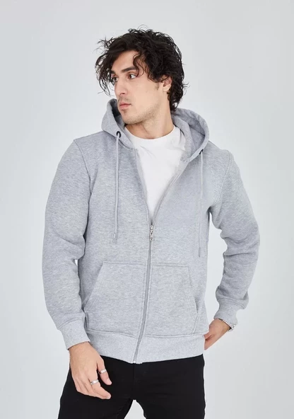 Unisex Tam Fermuarlı Kapşonlu  SweatShirt - Gri - 4