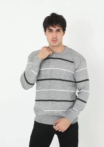Unisex İnce Çizgili Bisiklet Yaka Triko Kazak - Gri - 3