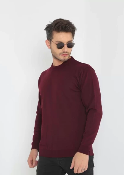 Unisex Biskilet Yaka Dokuma Triko - Bordo - 4