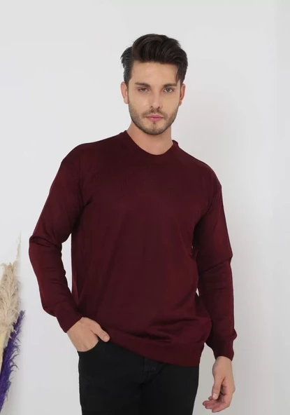 Unisex Biskilet Yaka Dokuma Triko - Bordo - 5