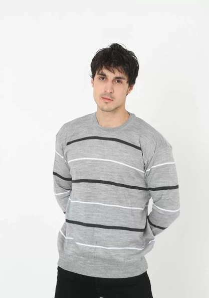 Unisex İnce Çizgili Bisiklet Yaka Triko Kazak - Gri - 2