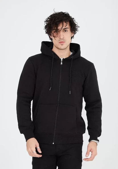 Unisex Tam Fermuarlı Kapşonlu  SweatShirt - Siyah - 7