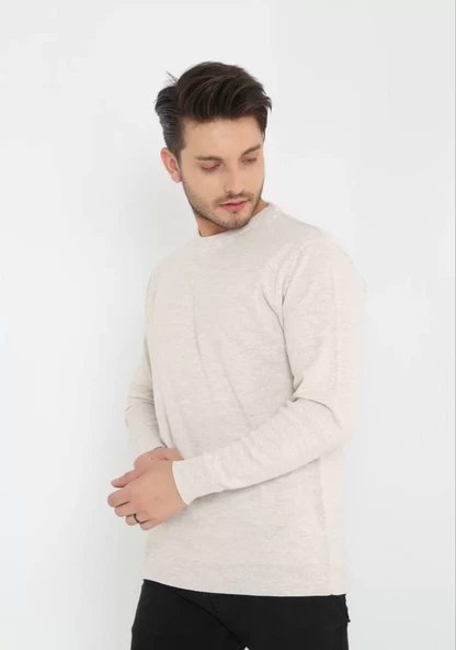 Unisex Biskilet Yaka Dokuma Triko - Bej - 2