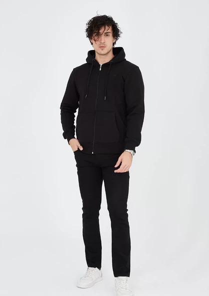 Unisex Tam Fermuarlı Kapşonlu  SweatShirt - Siyah - 3