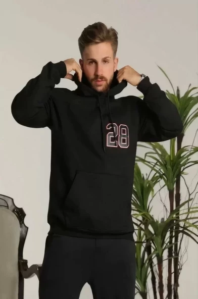 Unisex Kapşonlu Baskılı Sweetshirt - Siyah - 2
