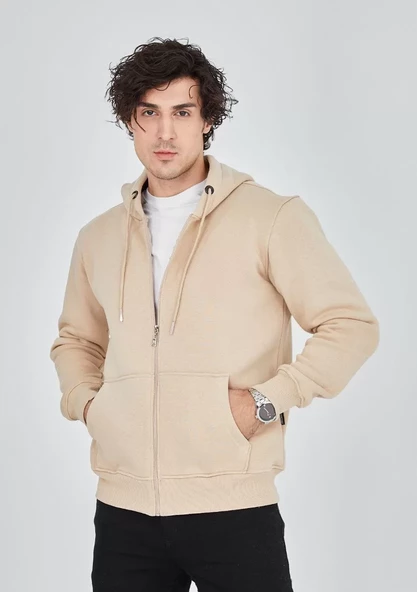 Unisex Tam Fermuarlı Kapşonlu  SweatShirt - Bej - 2