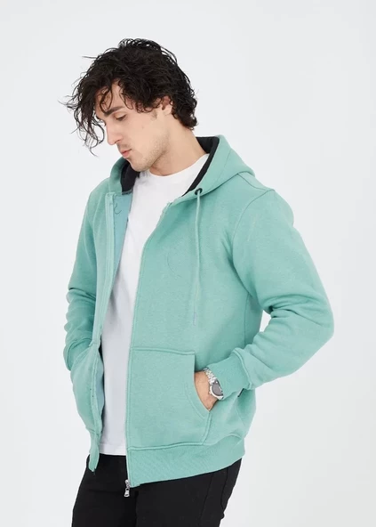 Unisex Tam Fermuarlı Kapşonlu  SweatShirt - Mint Yeşili - 5