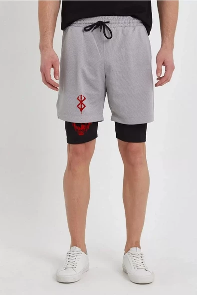 Unisex Baskılı İç Cepli Sporcu Alt Taytlı Şort - Gri - 3