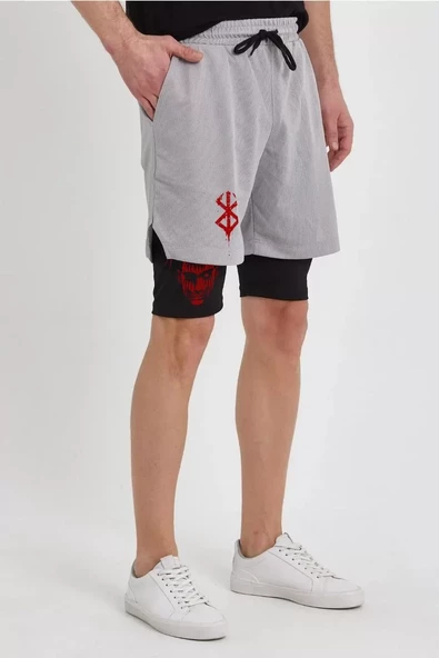 Unisex Baskılı İç Cepli Sporcu Alt Taytlı Şort - Gri - 2