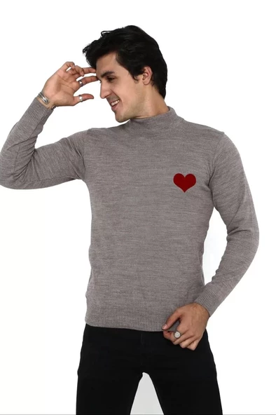 Unisex Yarım Boğazlı Baskılı Dokuma Triko - Vizon - 2