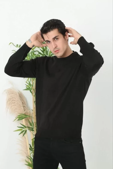 Unisex  Biskilet Yaka Dokuma Triko - Siyah - 5