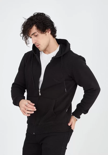 Unisex Tam Fermuarlı Kapşonlu  SweatShirt - Siyah - 5