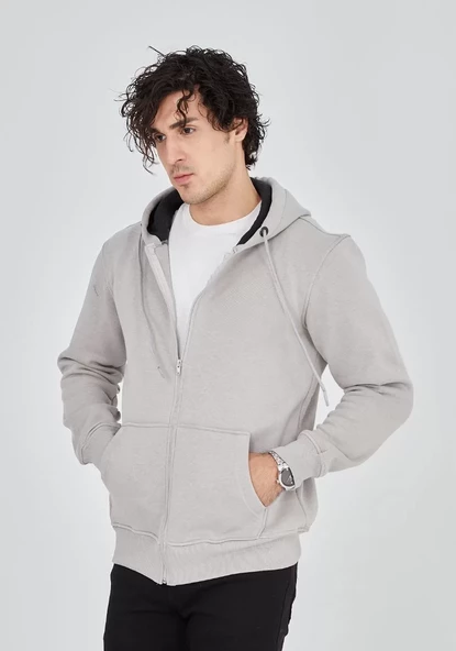 Unisex Tam Fermuarlı Kapşonlu  SweatShirt - Boyalı Gri - 5
