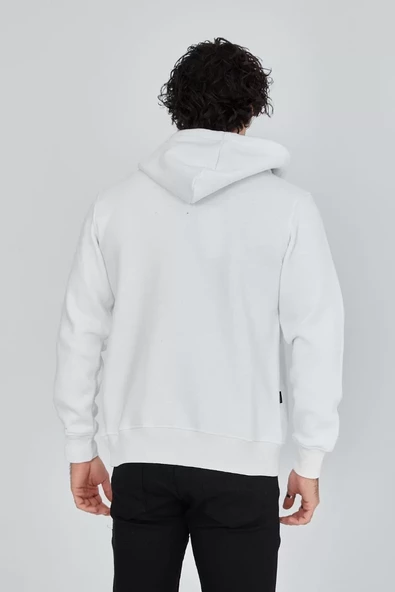 Unisex Tam Fermuarlı Kapşonlu  SweatShirt - Beyaz - 4