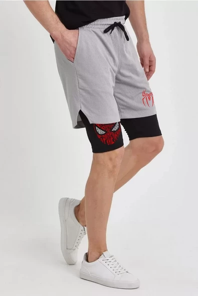 Unisex Baskılı İç Cepli Sporcu Alt Taytlı Şort - Gri - 2