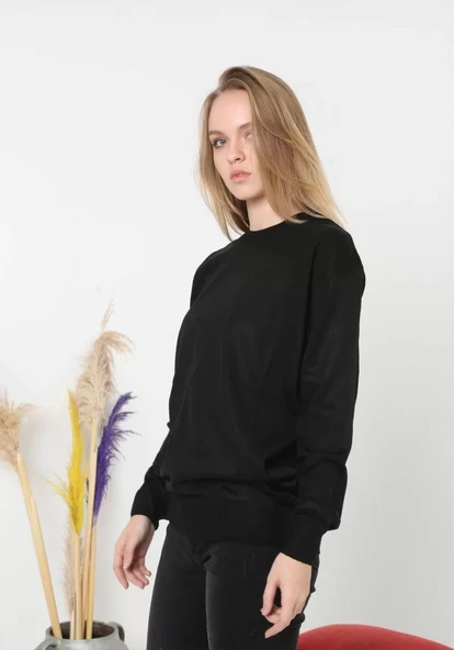 Unisex Uzun Kol Biskilet Yaka Dokuma Triko - Siyah - 4