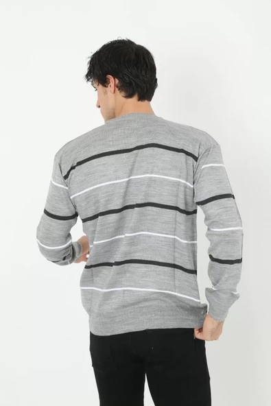 Unisex İnce Çizgili Bisiklet Yaka Triko Kazak - Gri - 5