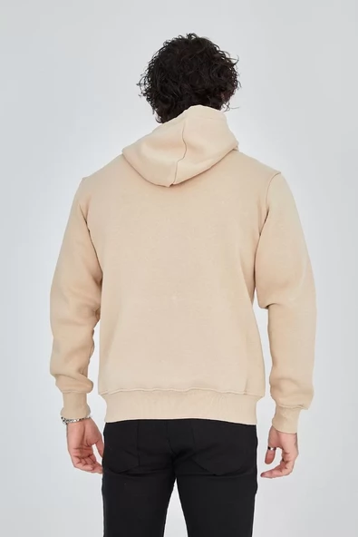 Unisex Tam Fermuarlı Kapşonlu  SweatShirt - Bej - 4