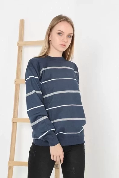 Unisex Çizgili Bisiklet Yaka Triko Kazak - Lacivert - 5