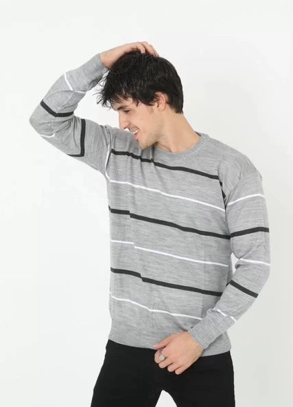 Unisex İnce Çizgili Bisiklet Yaka Triko Kazak - Gri - 4