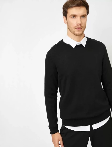 Unisex  Biskilet Yaka Dokuma Triko - Siyah - 4