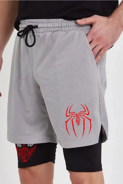 Unisex Baskılı İç Cepli Sporcu Alt Taytlı Şort - Gri - 4