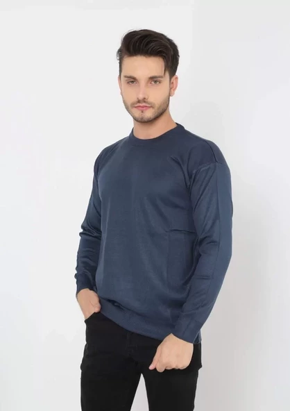 Unisex  Biskilet Yaka Dokuma Triko - Indigo - 3