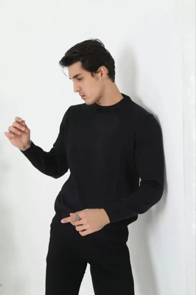 Unisex  Biskilet Yaka Dokuma Triko - Siyah - 2