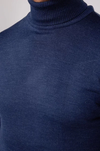 Tam Boğazlı Balıkçı Yaka Dokuma Triko - İndigo - 4