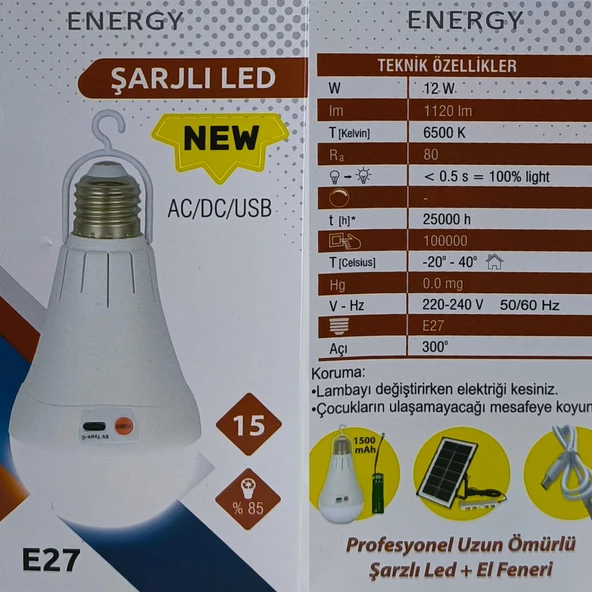 Hedyex Usb-C Şarjlı E27 Duylu Led Ampül Kancalı Kamp Lambası 12W - 3
