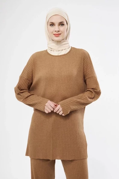 Uzun Kollu Organik Yıkanmış Kumaş Fitilli Pantalonlu Takım - Kahve - 8