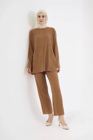 Uzun Kollu Organik Yıkanmış Kumaş Fitilli Pantalonlu Takım - Kahve - 7