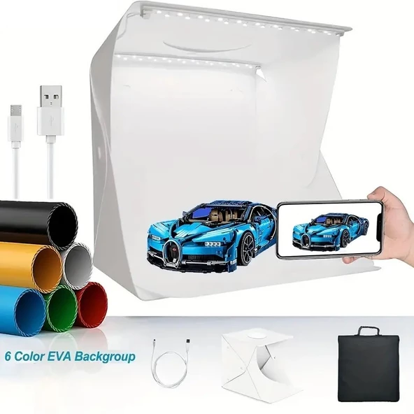 Stüdyo Katlanır 40cmx40cm Ayarlı Led Aydınlatma 6 Fonlu  Ürün Çekime Uygun Fotograf Stüdyosu - 9