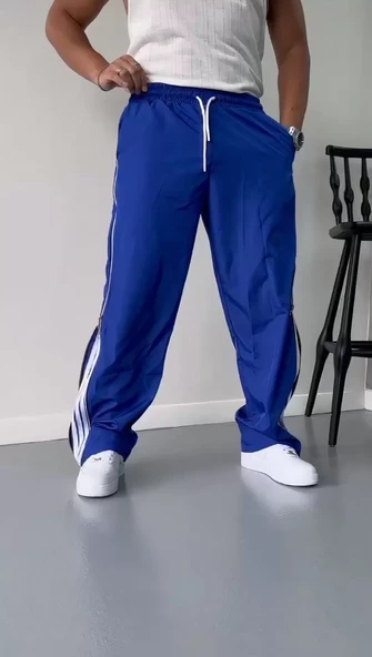 Unisex Boru Paça Yandan Fermuarlı Paraşüt Pantolon - Mavi - 3