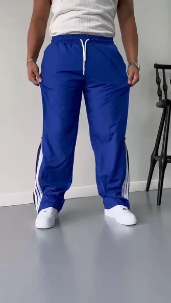 Unisex Boru Paça Yandan Fermuarlı Paraşüt Pantolon - Mavi - 2