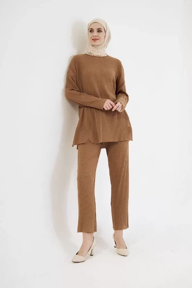 Uzun Kollu Organik Yıkanmış Kumaş Fitilli Pantalonlu Takım - Kahve - 6