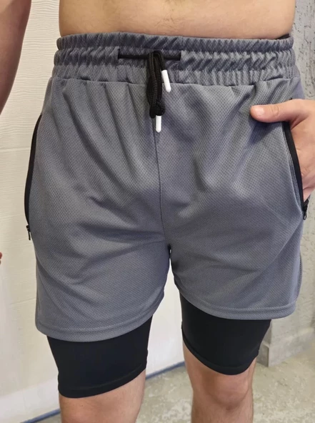 İç Cepli Sporcu Alt Taytlı Şort - GRİ - 2