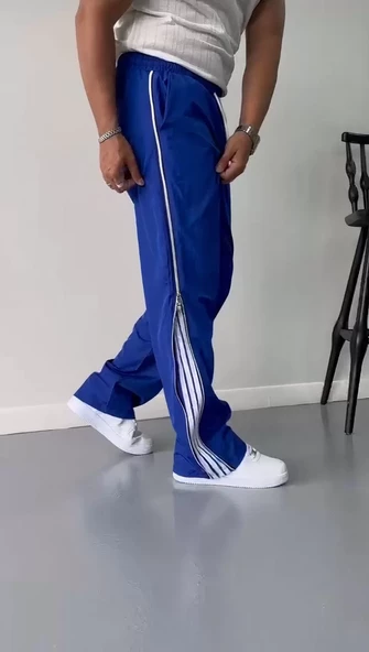 Unisex Boru Paça Yandan Fermuarlı Paraşüt Pantolon - Mavi - 4
