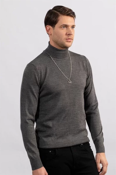 Unisex Tam Boğazlı Balıkçı Yaka Dokuma Triko - Füme - 5