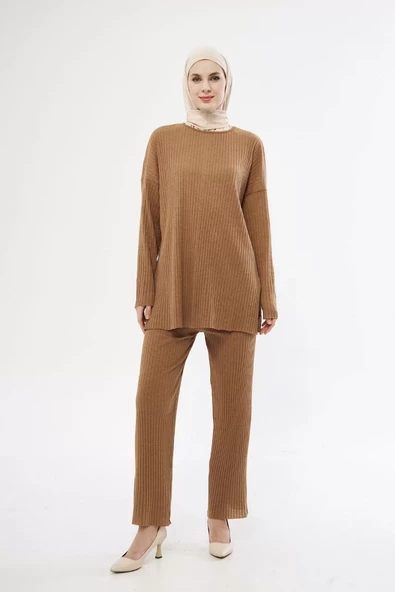 Uzun Kollu Organik Yıkanmış Kumaş Fitilli Pantalonlu Takım - Kahve - 3