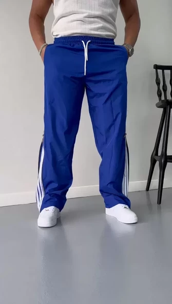 Unisex Boru Paça Yandan Fermuarlı Paraşüt Pantolon - Mavi - 5