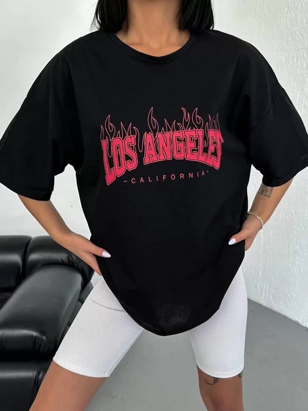Unisex Bisiklet Yaka Baskılı Oversize T-Shirt - Siyah - 4